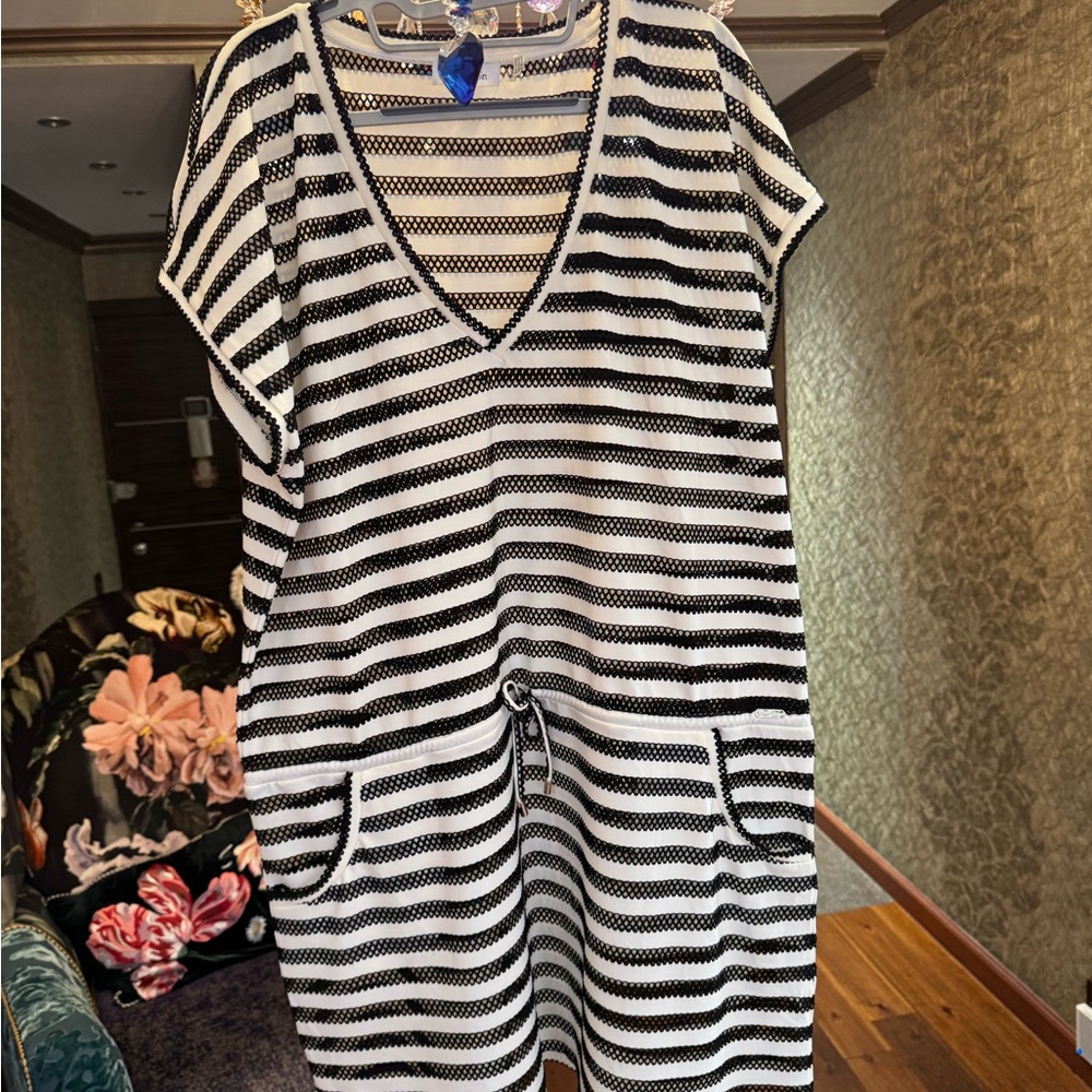 Calvin Klein Black and White Striped Mesh Top